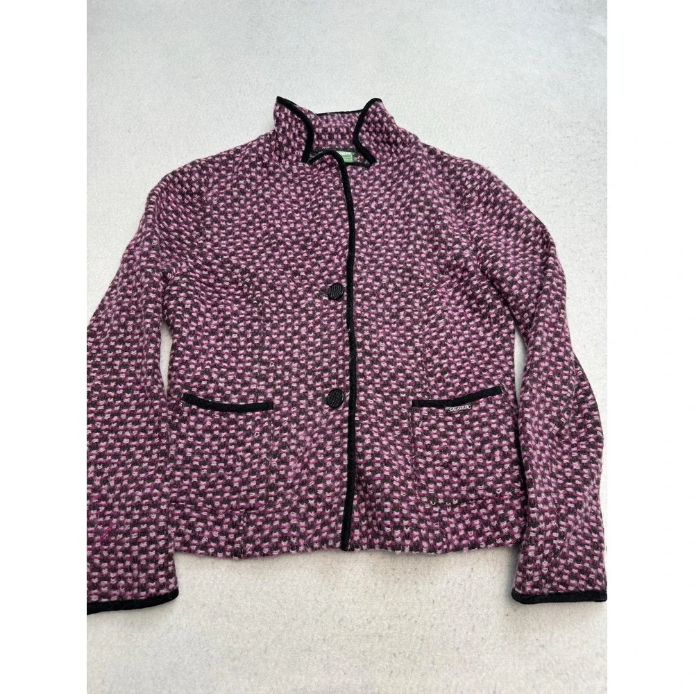 Geiger Blazer Jacket Womens 44 Pink Wool Tweed Check Button Austria Collared